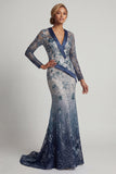 Floral V Neck Mermaid Sparkly Navy Long Beaded Mother of the Bride Dress