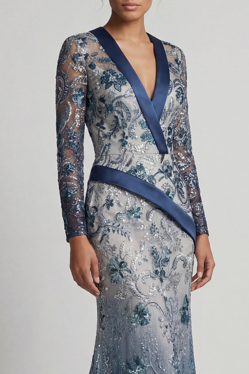 Floral V Neck Mermaid Sparkly Navy Long Beaded Mother of the Bride Dress