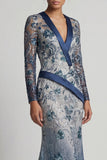 Floral V Neck Mermaid Sparkly Navy Long Beaded Mother of the Bride Dress