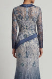 Floral V Neck Mermaid Sparkly Navy Long Beaded Mother of the Bride Dress