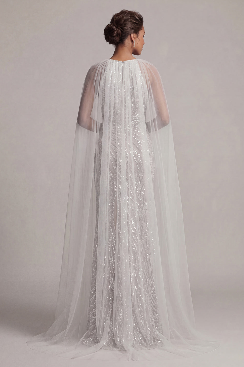 Sparkly Ivory Beaded Long Boat Neck Mermaid Mother of the Bride Dress with Cape