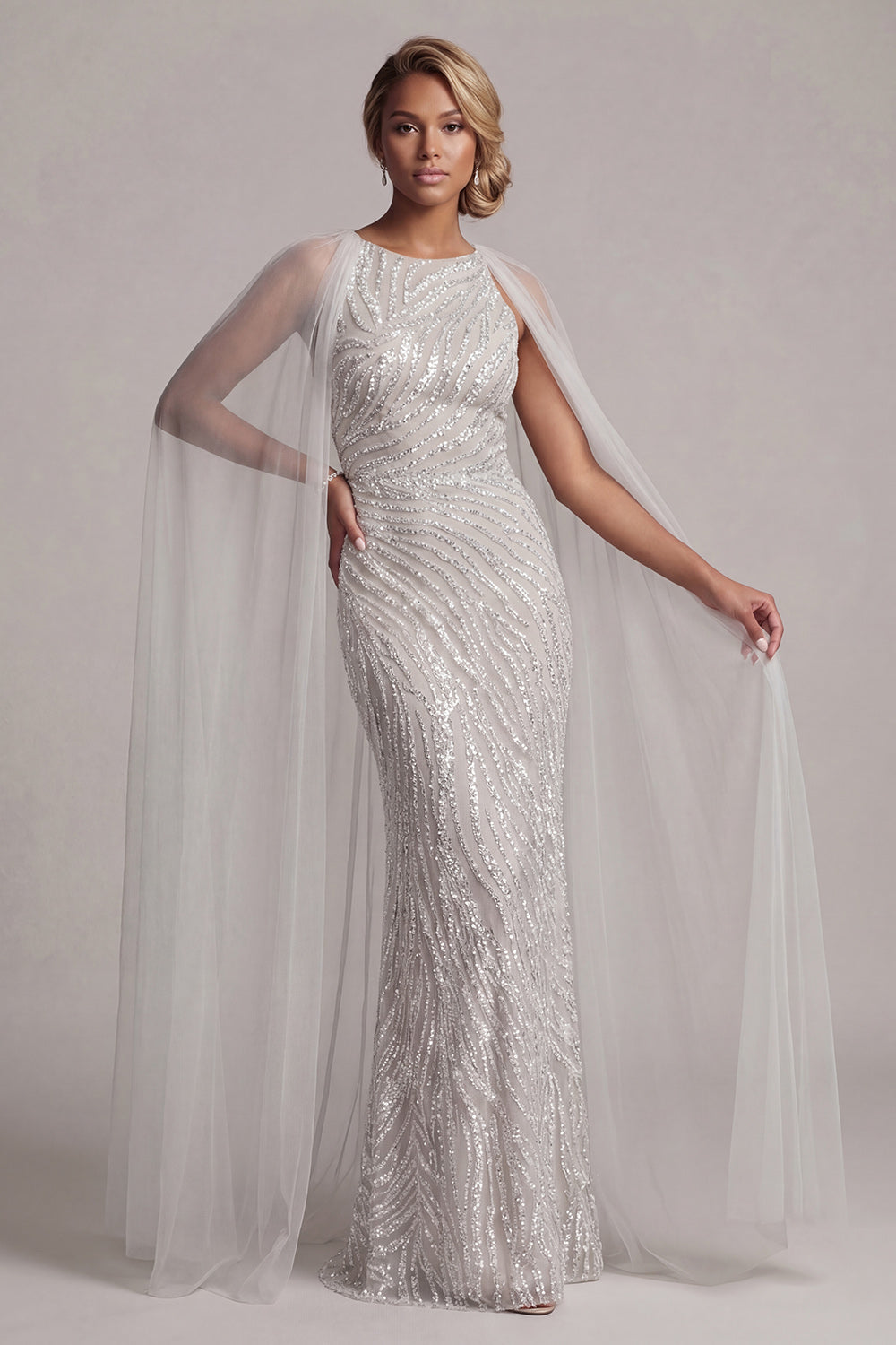 Sparkly Ivory Beaded Long Boat Neck Mermaid Mother of the Bride Dress with Cape