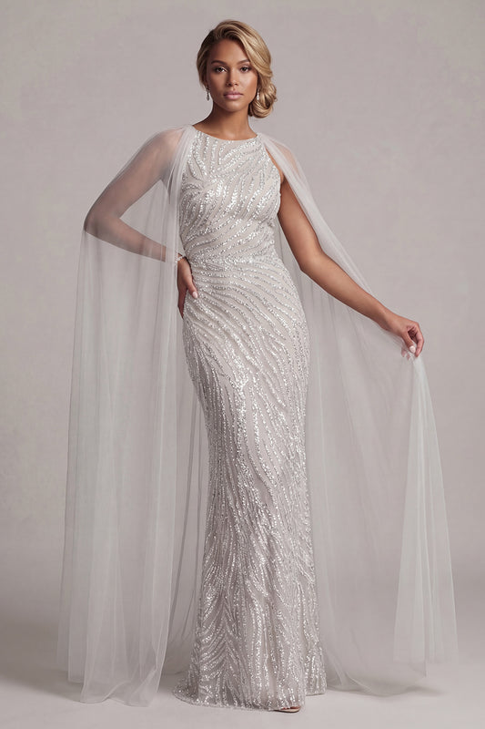 Sparkly Ivory Beaded Long Boat Neck Mermaid Mother of the Bride Dress with Cape