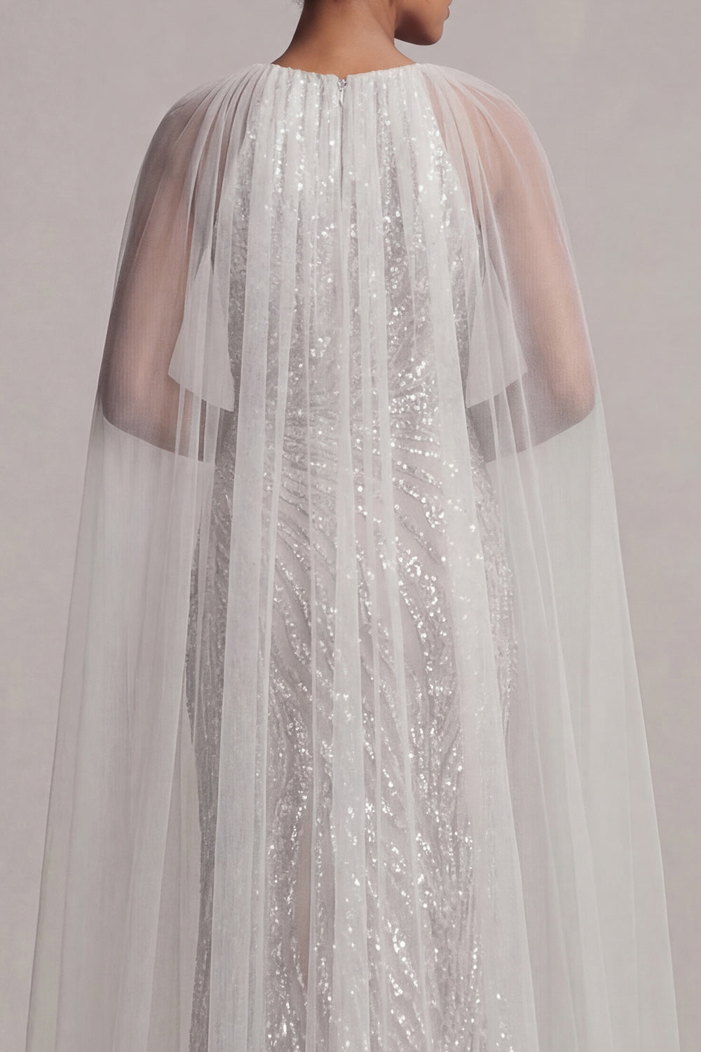 Sparkly Ivory Beaded Long Boat Neck Mermaid Mother of the Bride Dress with Cape
