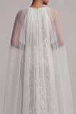 Sparkly Ivory Beaded Long Boat Neck Mermaid Mother of the Bride Dress with Cape