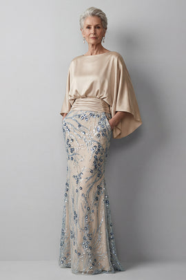 Sparkly Champagne Floral Beaded Long Mother of the Bride Dress with Pockets Flutter Sleeves Boat Neck Mermaid Evening Dress