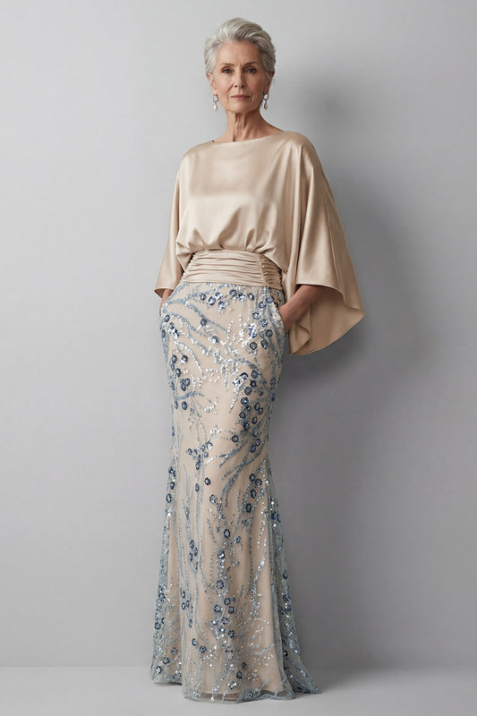 Sparkly Champagne Floral Beaded Long Mother of the Bride Dress with Pockets Flutter Sleeves Boat Neck Mermaid Evening Dress