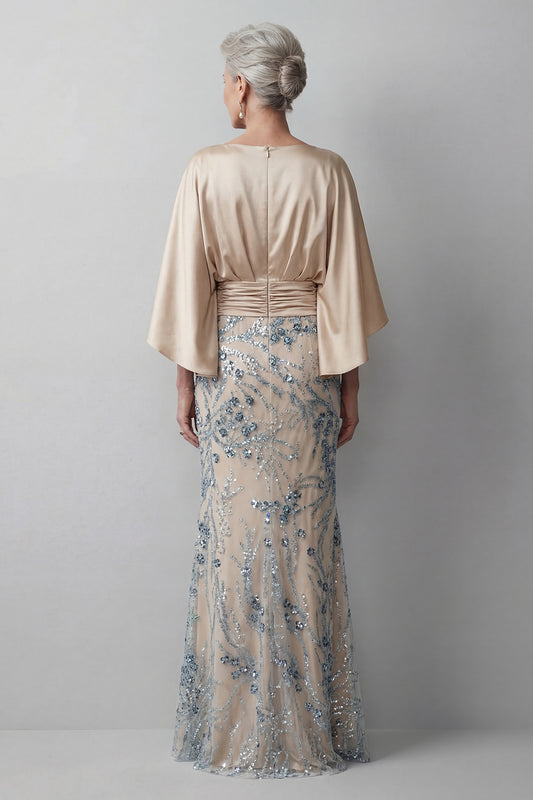 Floral Mermaid Sparkly Champagne Beaded Long Mother of the Bride Dress with Pockets