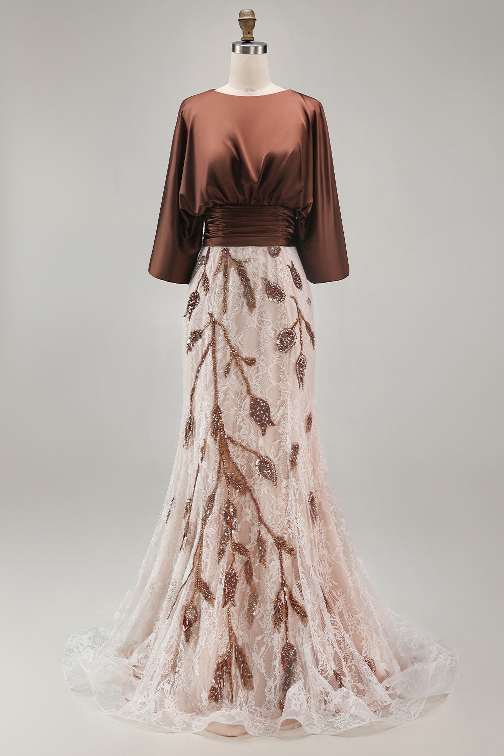 Floral Lace Boat Neck Ruched Mermaid Coffee Long Mother of the Bride Dress