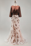 Floral Lace Boat Neck Ruched Mermaid Coffee Long Mother of the Bride Dress