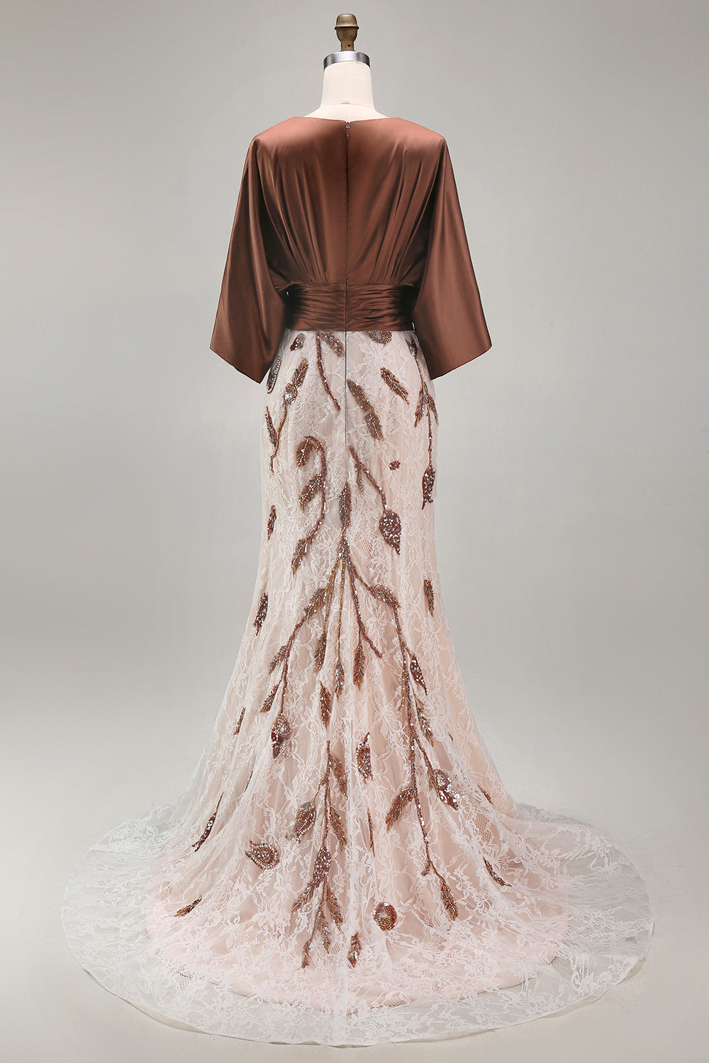 Floral Lace Boat Neck Ruched Mermaid Coffee Long Mother of the Bride Dress