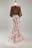 Floral Lace Boat Neck Ruched Mermaid Coffee Long Mother of the Bride Dress
