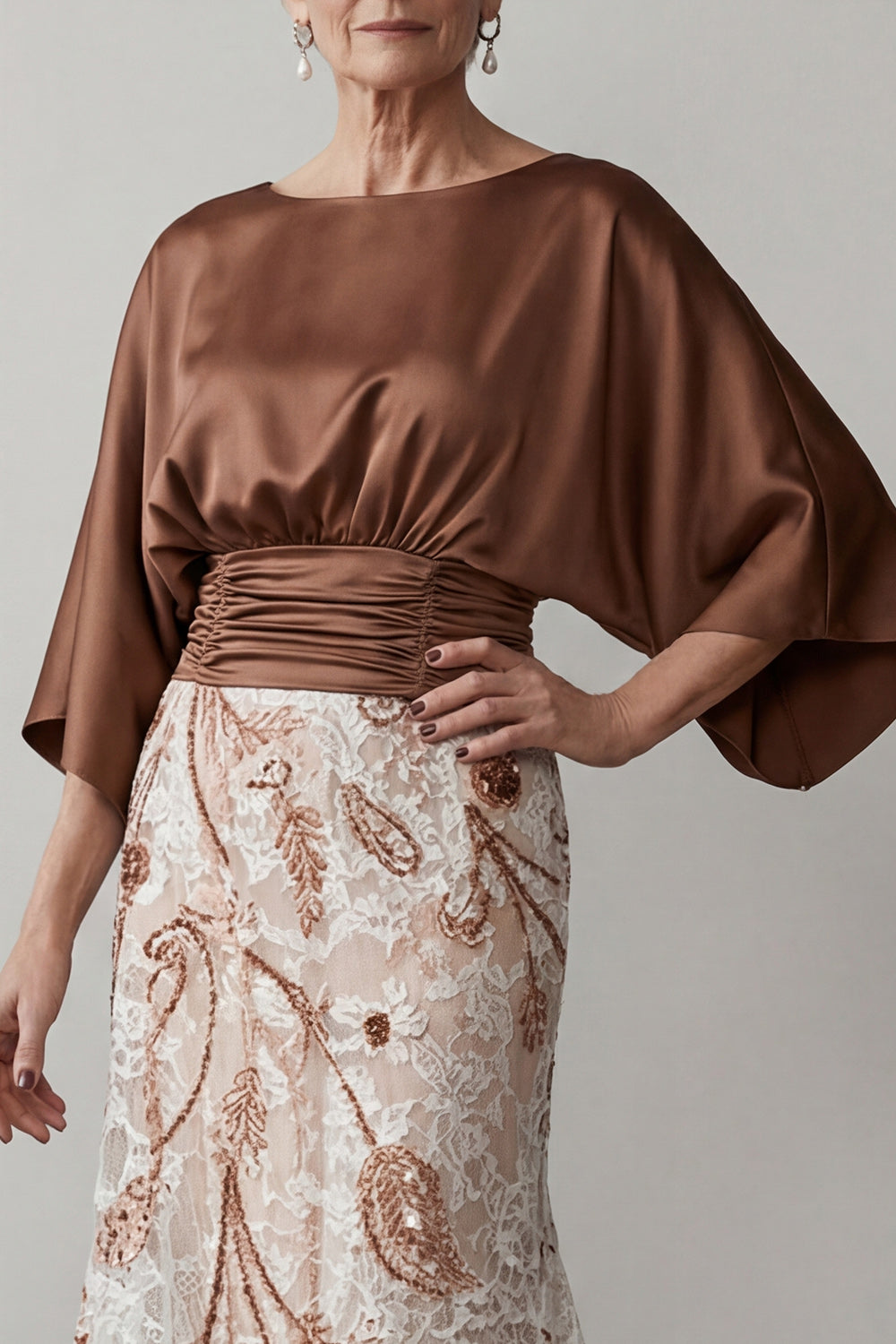 Floral Lace Boat Neck Ruched Mermaid Coffee Long Mother of the Bride Dress
