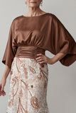 Floral Lace Boat Neck Ruched Mermaid Coffee Long Mother of the Bride Dress