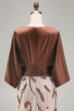 Floral Lace Boat Neck Ruched Mermaid Coffee Long Mother of the Bride Dress
