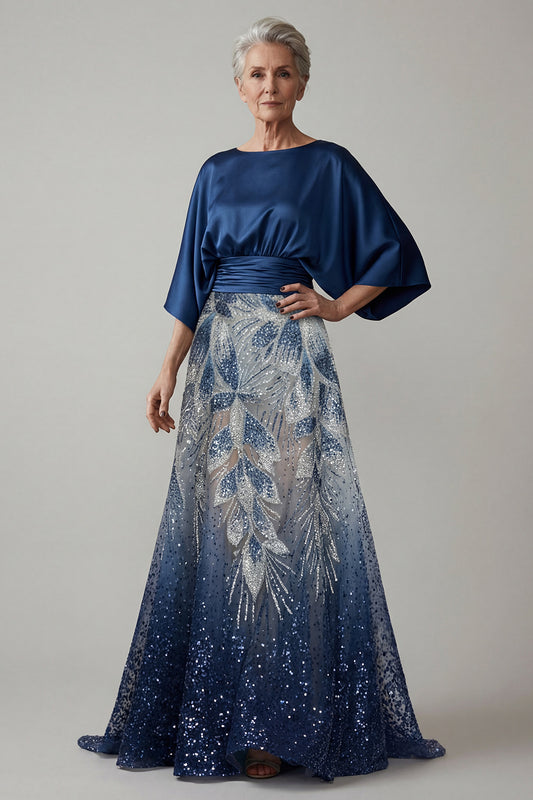 Boat Neck Sparkly Navy Beaded A Line Long Ruched Mother of the Bride Dress