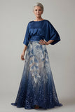 Boat Neck Sparkly Navy Beaded A Line Long Ruched Mother of the Bride Dress