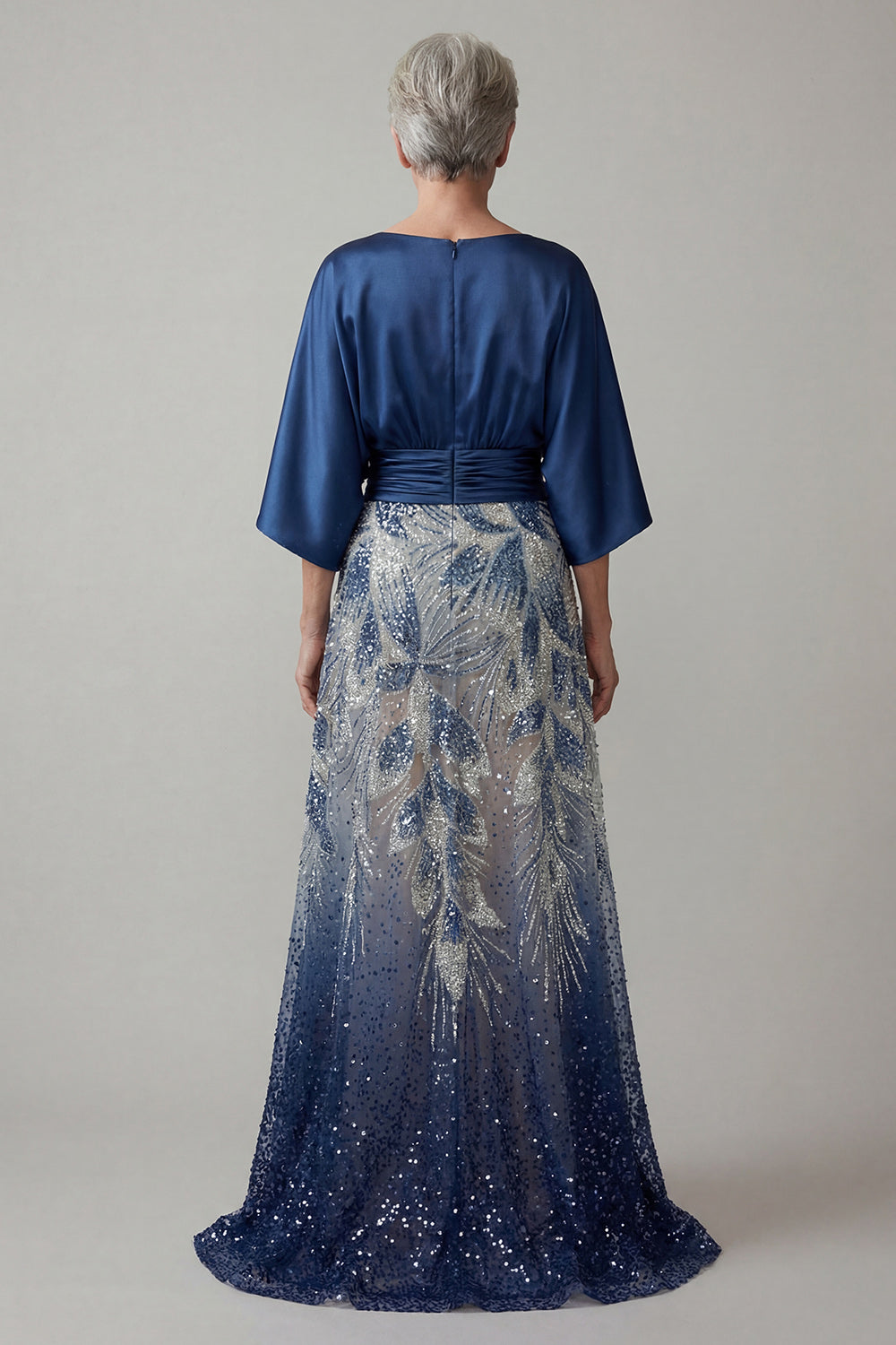 Boat Neck Sparkly Navy Beaded A Line Long Ruched Mother of the Bride Dress