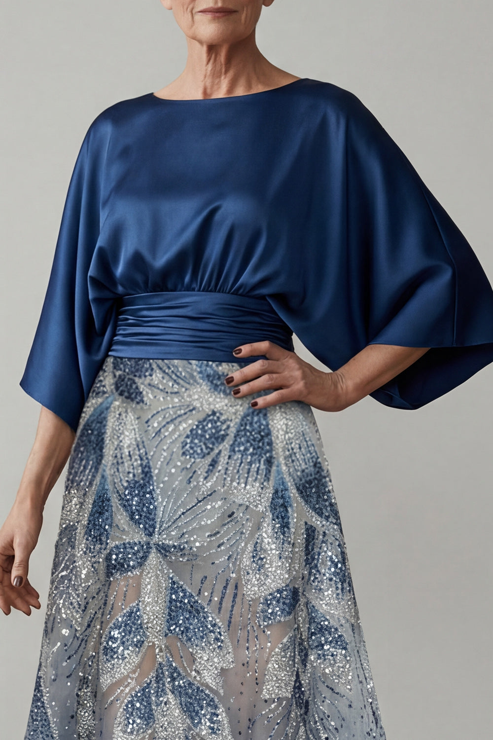 Boat Neck Sparkly Navy Beaded A Line Long Ruched Mother of the Bride Dress