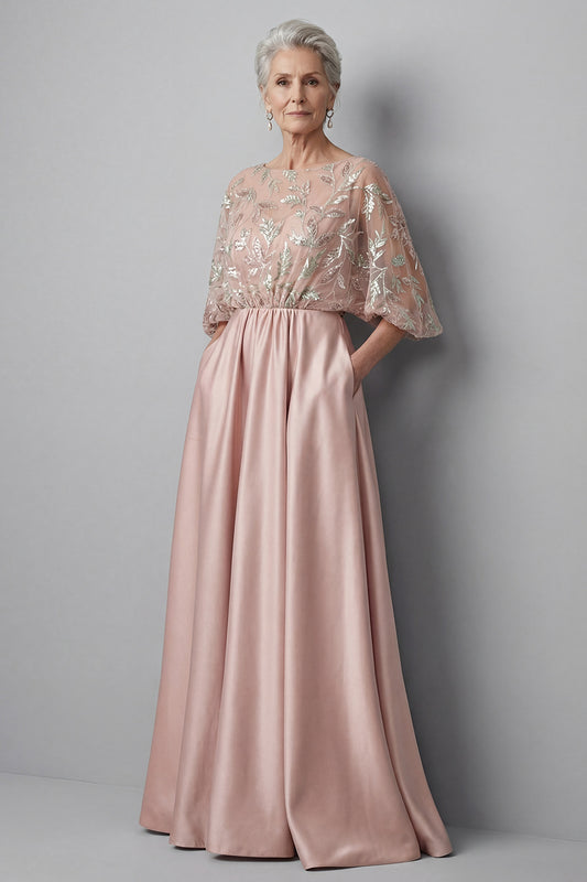 A Line Blush Boat Neck Ruched Long Floral Mother of the Bride Dress with Pockets