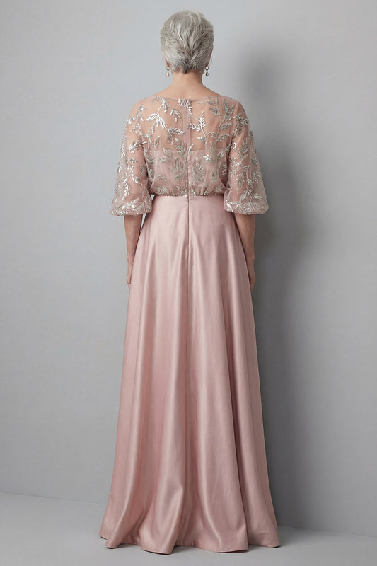 A Line Blush Boat Neck Ruched Long Floral Mother of the Bride Dress with Pockets