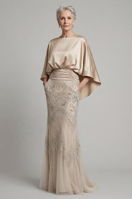 Sparkly Champagne Beaded Long Mother of the Bride Dress with Pockets Boat Neck Mermaid Ruched Evening Dress