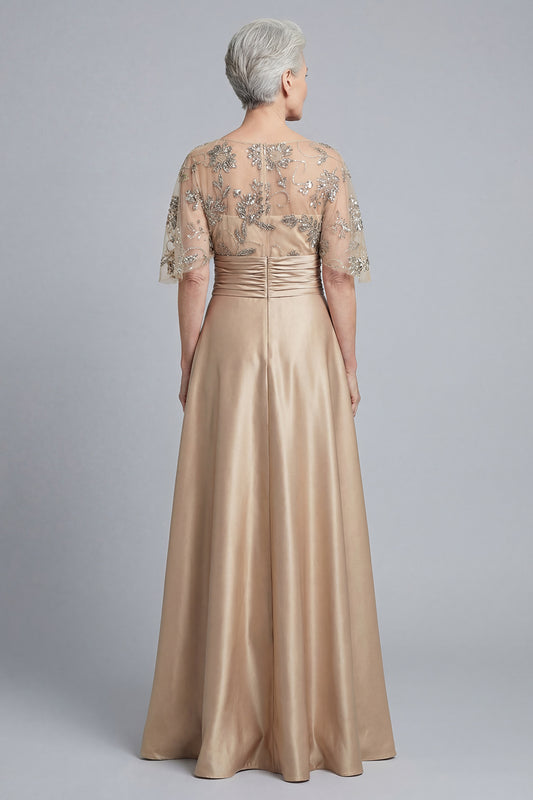 A Line Floral Sparkly Champagne Beaded Long Mother of the Bride Dress