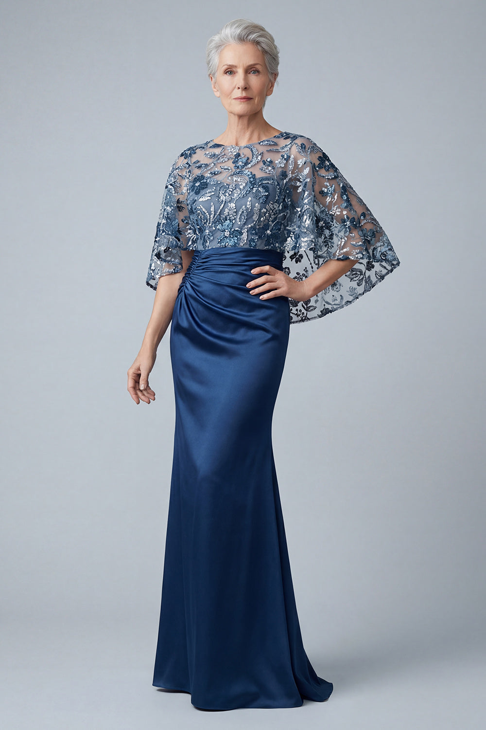 Floral Sparkly Navy Sequin Mermaid Long Ruched Mother of the Bride Dress