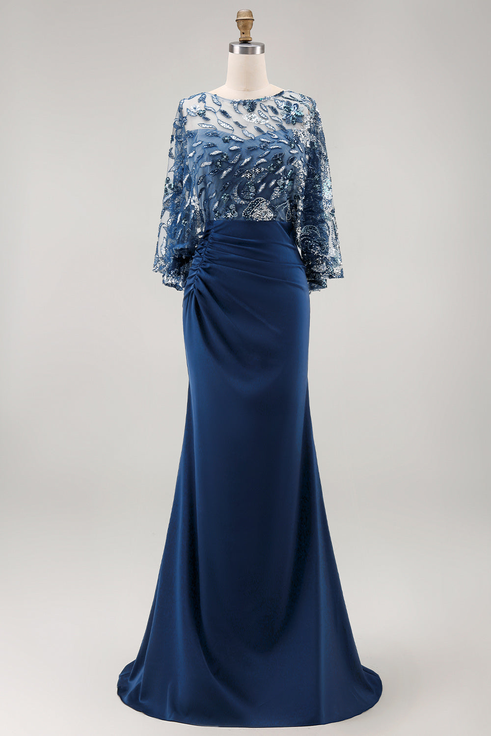 Floral Sparkly Navy Sequin Mermaid Long Ruched Mother of the Bride Dress