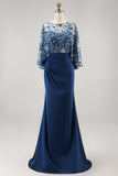 Floral Sparkly Navy Sequin Mermaid Long Ruched Mother of the Bride Dress