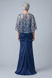 Floral Sparkly Navy Sequin Mermaid Long Ruched Mother of the Bride Dress