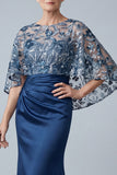 Floral Sparkly Navy Sequin Mermaid Long Ruched Mother of the Bride Dress