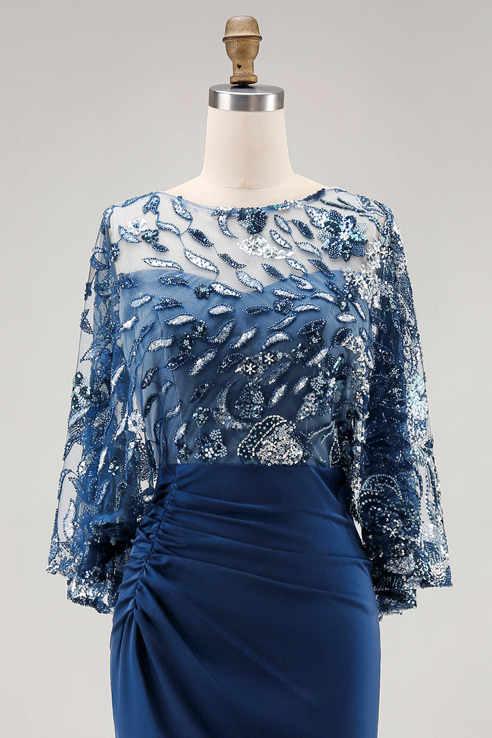 Floral Sparkly Navy Sequin Mermaid Long Ruched Mother of the Bride Dress