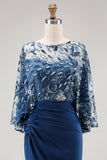 Floral Sparkly Navy Sequin Mermaid Long Ruched Mother of the Bride Dress