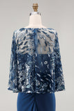 Floral Sparkly Navy Sequin Mermaid Long Ruched Mother of the Bride Dress