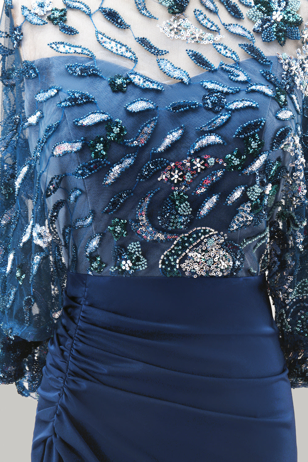 Floral Sparkly Navy Sequin Mermaid Long Ruched Mother of the Bride Dress