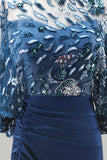 Floral Sparkly Navy Sequin Mermaid Long Ruched Mother of the Bride Dress