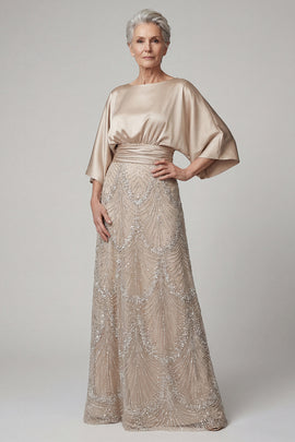 Boat Neck A Line Sparkly Champagne Beaded Long Mother of the Bride Dress