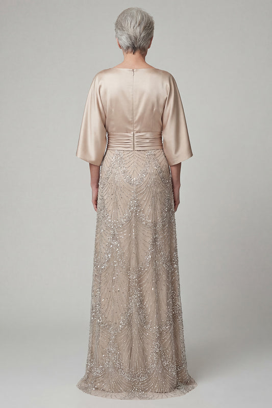 Boat Neck A Line Sparkly Champagne Beaded Long Mother of the Bride Dress