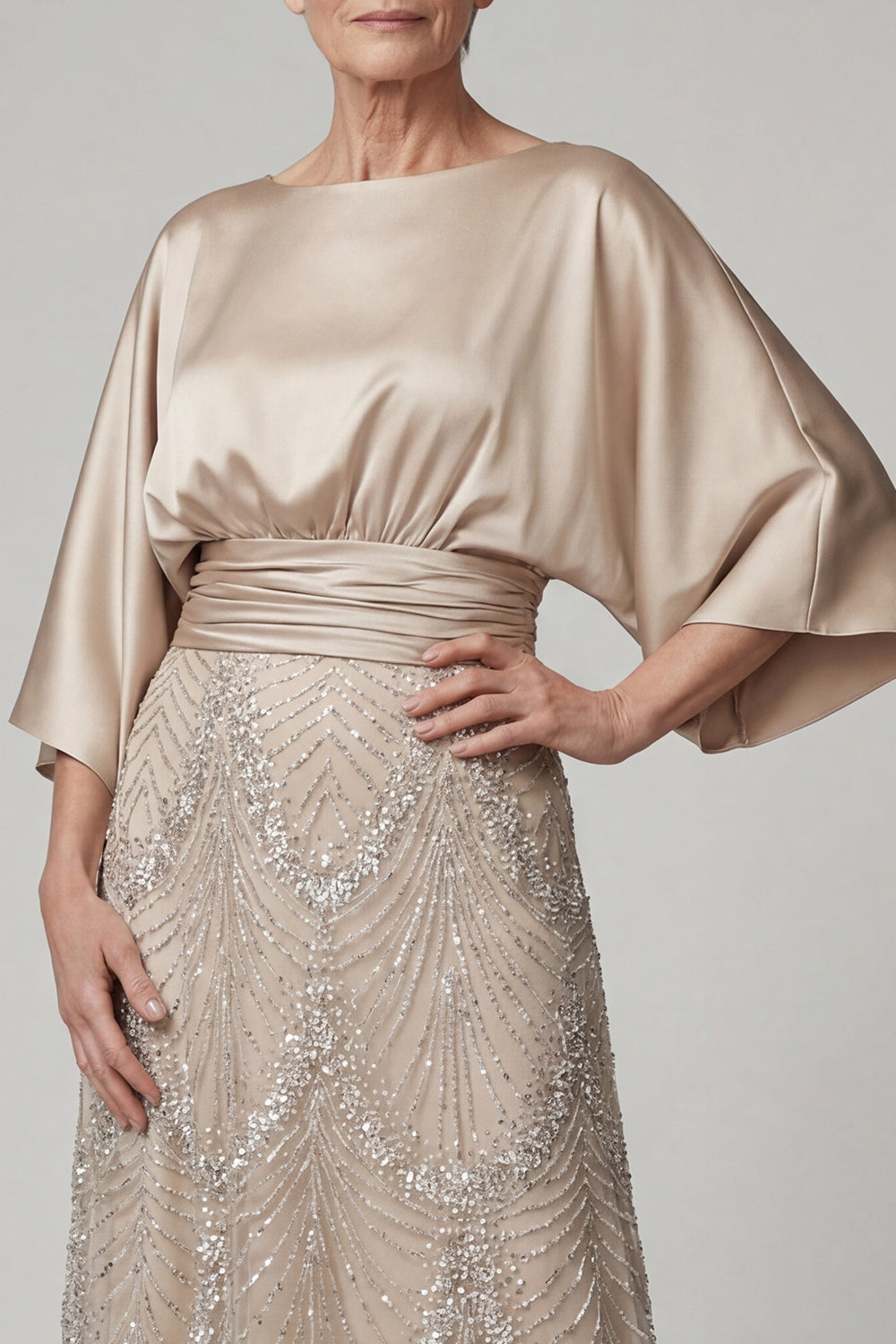Boat Neck A Line Sparkly Champagne Beaded Long Mother of the Bride Dress