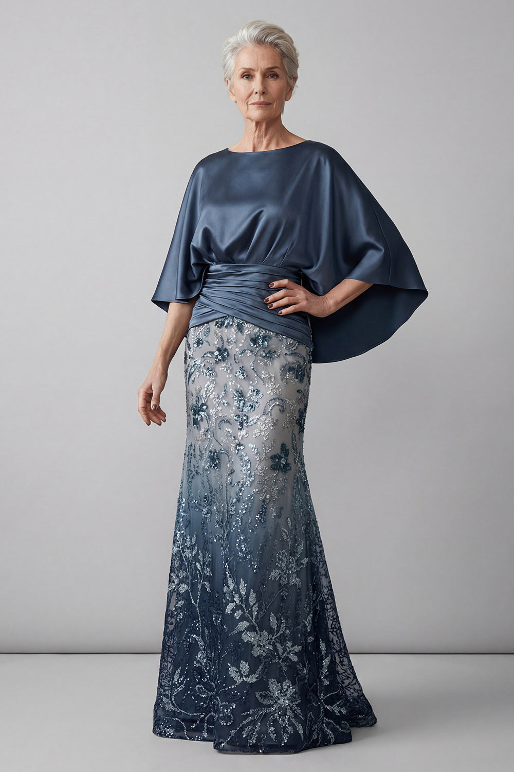 Mermaid Long Floral Sparkly Navy Sequin Mother of the Bride Dress