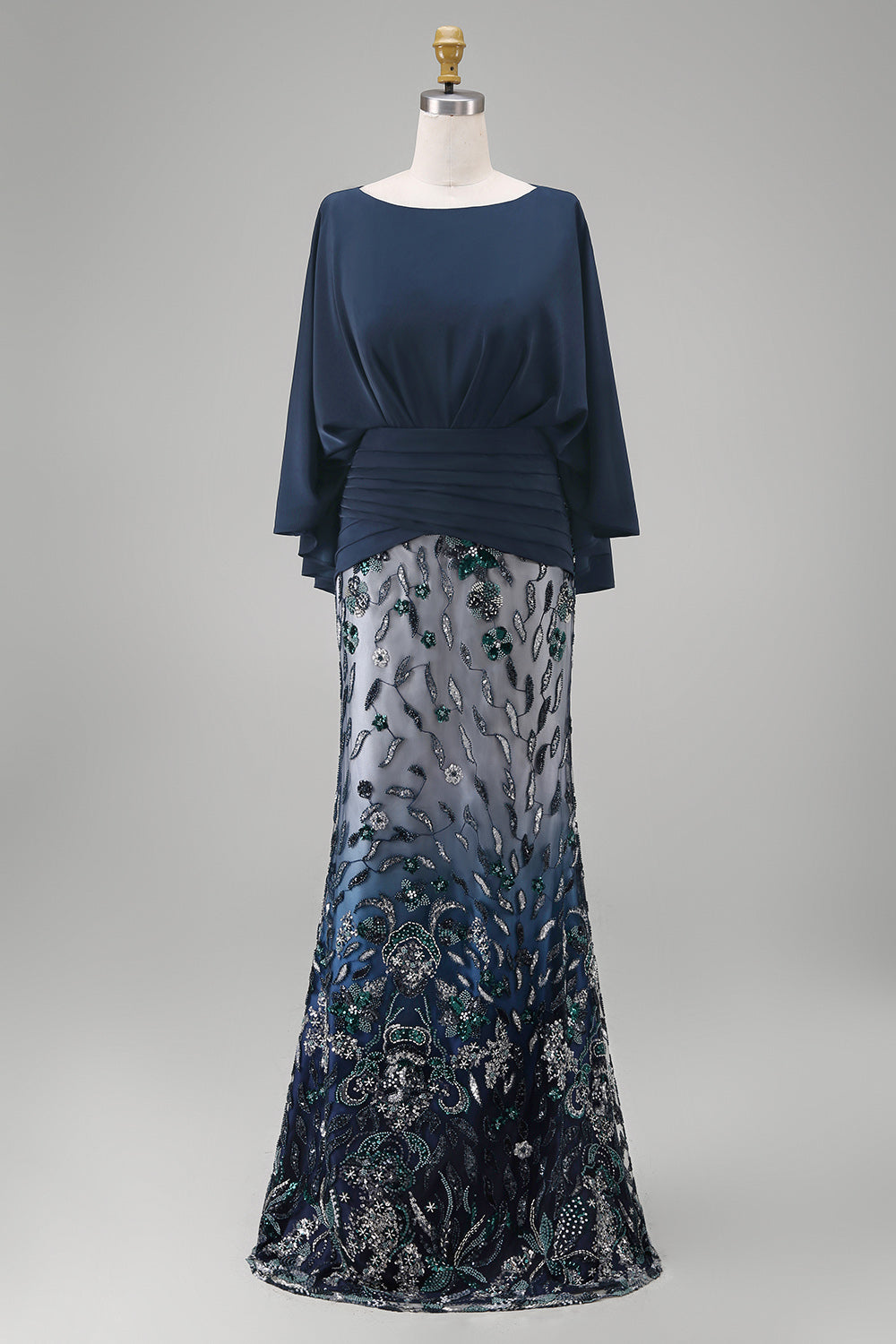 Mermaid Long Floral Sparkly Navy Sequin Mother of the Bride Dress