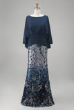 Mermaid Long Floral Sparkly Navy Sequin Mother of the Bride Dress