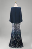 Mermaid Long Floral Sparkly Navy Sequin Mother of the Bride Dress