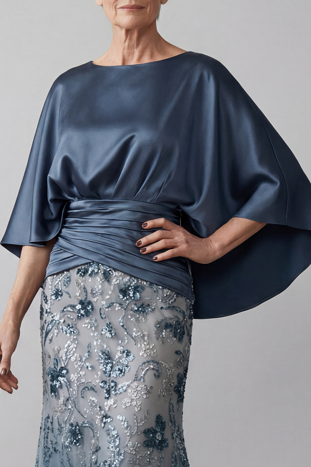 Mermaid Long Floral Sparkly Navy Sequin Mother of the Bride Dress