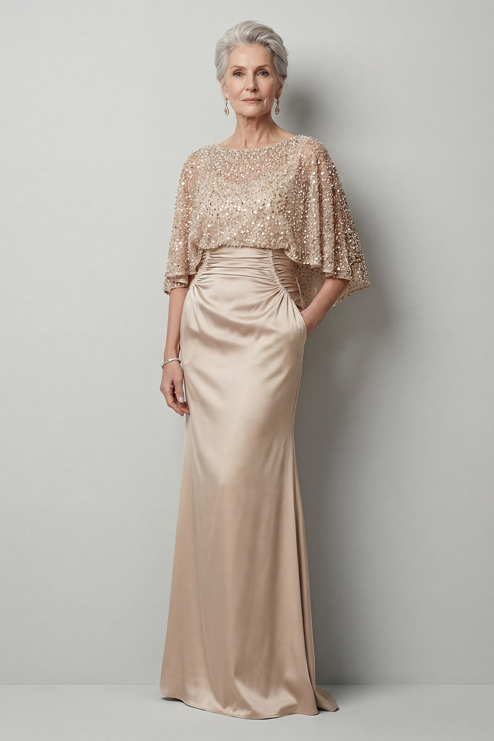 Sparkly Champagne Sequin Long Mermaid Mother of the Bride Dress with Pockets