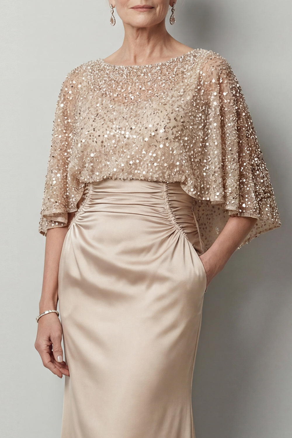Sparkly Champagne Sequin Long Mermaid Mother of the Bride Dress with Pockets