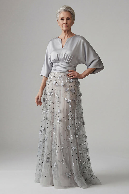 A Line Floral Sparkly Silver Sequin Long Mother of the Bride Dress