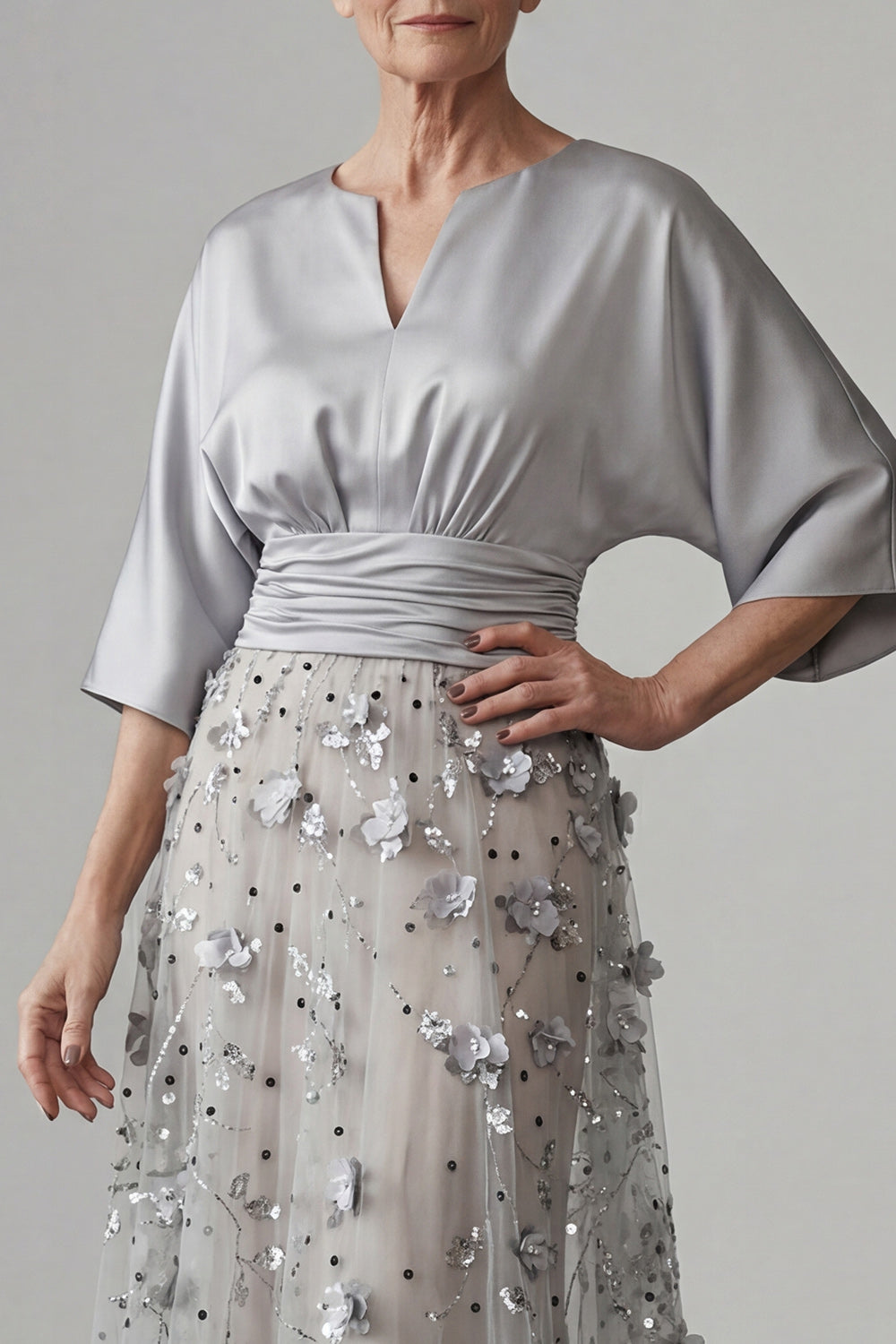A Line Floral Sparkly Silver Sequin Long Mother of the Bride Dress