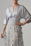 A Line Floral Sparkly Silver Sequin Long Mother of the Bride Dress